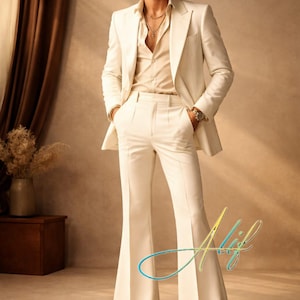 Men’s Ivory 70s Retro Suit | Vintage Wide Lapel Blazer & Bell Bottom Trousers