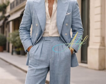 Traje cruzado de lino azul claro para hombre / Traje vintage de pierna ancha