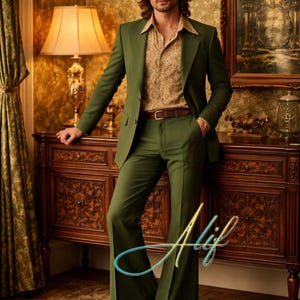 Può includere: Un completo verde con pantaloni a zampa e una camicia fantasia. Il completo è abbinato a una cintura e scarpe marroni. L'immagine è ambientata in una stanza dall'estetica vintage, con un mobile in legno e un dipinto.