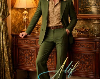 Mens Olive Green Vintage Flared Suit | 70s Disco Retro Outfit