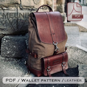Może przedstawiać: Brązowy i beżowy plecak ze skórzaną klapą i akcentami. Plecak posiada przednią kieszeń z klamrami i górny uchwyt. Obraz zawiera również tekst "PDF / WALLET PATTERN / LEATHER".