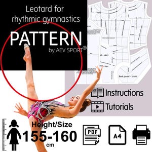 Può includere: Un modello di body per ginnastica ritmica con la scritta "PATTERN" e "by AEV SPORT". L'immagine mostra una ginnasta con un cerchio rosso, che indossa un body rosa e rosso. L'altezza/taglia è 155-160 cm.