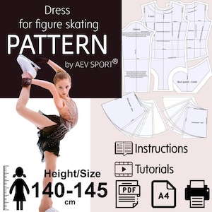 Puede incluir: Un patrón de vestido de patinaje artístico con el texto "Dress for figure skating PATTERN by AEV SPORT". La imagen incluye un diagrama de las piezas del patrón, instrucciones y tutoriales. El patrón es para alturas entre 140-145 cm.
