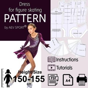 Peut inclure: Un patron de robe de patinage artistique avec le texte « Dress for figure skating PATTERN by AEV SPORT® ». L'image montre une jeune personne portant une robe de patinage violette avec un motif étincelant. Le patron comprend des instructions et des tutoriels.