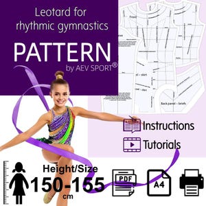 May include: A young gymnast in a colorful leotard with a purple ribbon. The image includes a pattern for a rhythmic gymnastics leotard, instructions, and tutorials. The height/size is 150-155 cm.