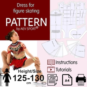May include: A figure skating dress pattern with a young skater wearing a red and gold costume. The pattern includes instructions and tutorials. The text on the image reads "Dress for figure skating PATTERN by AEV SPORT®" and "Height/Size 125-130 cm".