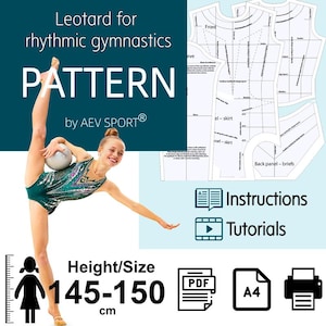 以下が含まれることがあります： AEV SPORTの、新体操用レオタードの型紙。画像には、ボールを持って開脚をする、ティール色のレオタードを着た若い体操選手が写っています。型紙には説明とチュートリアルが含まれており、身長145〜150cmの方用です。