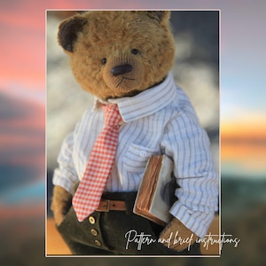 May include: A handmade brown teddy bear wearing a white striped shirt, a red and white checkered tie, and dark green pants. The bear is holding a book and has the text "Pattern and brief instructions" in the image.