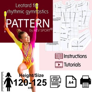 Może przedstawiać: Zdjęcie dziewczynki w kolorowym trykocie, trzymającej maczugi. Tekst: "Leotard for rhythmic gymnastics PATTERN by AEV SPORT". Wzór dla wzrostu/rozmiaru 120-125 cm.
