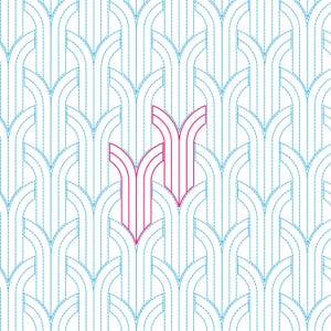 May include: A repeating pattern of stylized arches in light blue with dashed lines on a white background. A cluster of pink arches is featured in the design. The overall design is symmetrical and geometric.