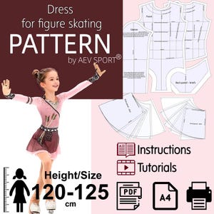 May include: A figure skating dress pattern by AEV SPORT. The image shows a young skater in a pink dress, pattern pieces, and icons for instructions, tutorials, PDF, and A4 size. Height/Size: 120-125 cm.