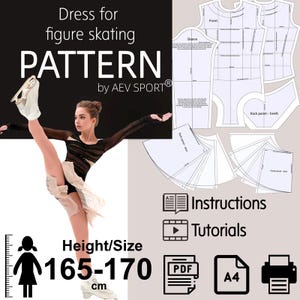 May include: A figure skating dress pattern by AEV SPORT. The image shows a woman in a black and beige skating dress, with pattern pieces, instructions, and tutorials. The height/size is 165-170 cm.