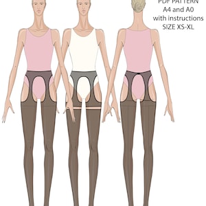 May include: Illustration of three figures showcasing lingerie designs. The designs include a lingerie belt, tights, stockings, gaiters, and socks. The figures are wearing different colored tops and the text "PDF PATTERN A4 and A0 with instructions SIZE XS-XL" is visible.