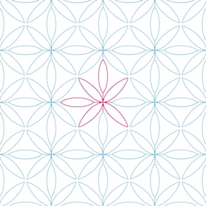 May include: A repeating pattern of stylized blue flowers with dashed lines on a white background. A single, contrasting magenta flower is centered in the design. The floral pattern is suitable for fabric or wallpaper.