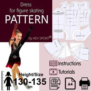 Op de afbeelding: Een patroon voor een kunstschaatsjurk met de tekst "Dress for figure skating PATTERN" en "by AEV SPORT®". De afbeelding toont een jonge schaatser in een zwart en rode jurk, patroondelen en instructies. Hoogte/Maat: 130-135 cm.