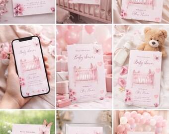 Baby in Bloom Boho Baby Shower Invitation, Pink Butterfly Floral Garden (Digital Download)