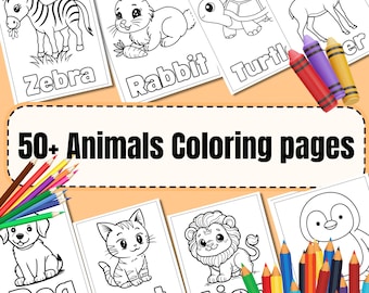 Kids Animal Coloring Book, 50 Printable Pages (Digital Download