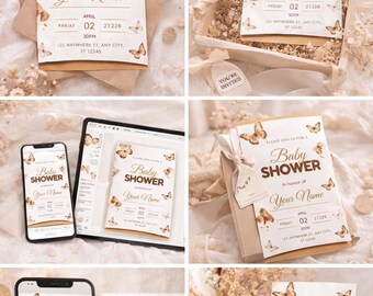 Boho Butterfly Baby Shower Invitation Template, Neutral Baby in Bloom Invite (Canva)