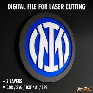 May include: A layered digital file for laser cutting featuring a white logo on a blue background, surrounded by a gray border. The text "DIGITAL FILE FOR LASER CUTTING" is at the top. The file includes 3 layers and is available in CDR, SVG, DXF, AI, and EPS formats.