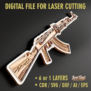 Puede incluir: Un diseño de rifle AK-47 de madera en capas para corte por láser. El diseño presenta múltiples capas de madera, creando un efecto 3D. El texto "DIGITAL FILE FOR LASER CUTTING" está en la parte superior. El diseño incluye el texto "6 or 1 LAYERS" y opciones de tipo de archivo.