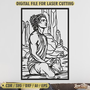 May include: Black and white laser-cut design of a person meditating in a seated position, with a serene expression. The figure is surrounded by stylized rock formations. Text at the top reads "DIGITAL FILE FOR LASER CUTTING".