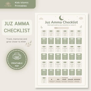 May include: A printable PDF checklist for memorizing Juz Amma, featuring a grid of surah names with checkboxes for tracking progress. The design includes a green and white color scheme with the text "Juz Amma Checklist".