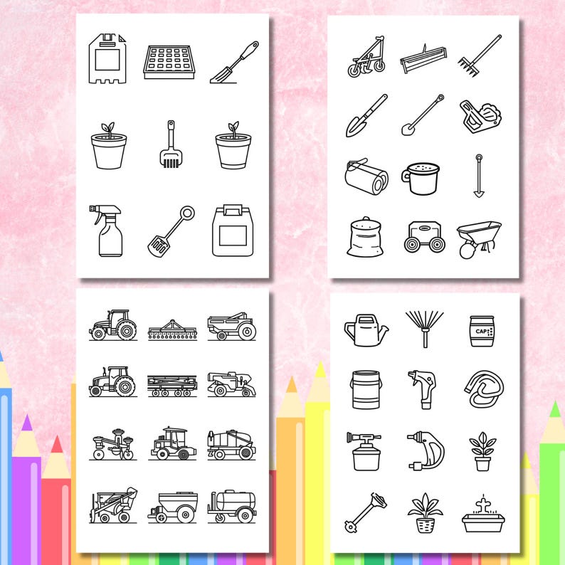 May include: Black and white line drawings of gardening and farming tools and equipment. The image includes illustrations of a trowel, rake, watering can, tractor, and other related items. The drawings are arranged on four separate white cards.