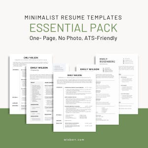 Puede incluir: Una colección de plantillas de currículum minimalistas. El texto dice "MINIMALIST RESUME TEMPLATES ESSENTIAL PACK One-Page, No Photo, ATS-Friendly". Los currículums están impresos en papel blanco con texto negro. Los currículums incluyen los nombres "EMILY WILSON" y "EMILY ROSENBERG".
