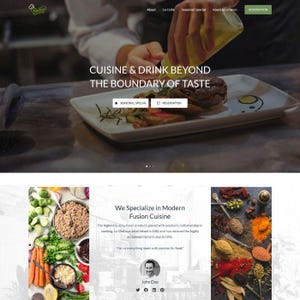 Puede incluir: Página de inicio del sitio web con el texto « CUISINE & DRINK BEYOND THE BOUNDARY OF TASTE ». Un chef vierte salsa sobre comida en un plato. La página también incluye el texto « We Specialize in Modern Fusion Cuisine » y una foto del chef.