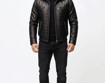 Men's Black Leather Biker Jacket, Fur Collar Aviator Coat