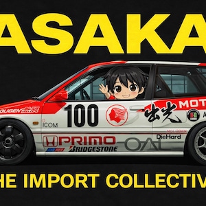 May include: Illustration of a red and white race car with the word "ASAKA" in yellow above. The car has the number 100 on the side and the text "THE IMPORT COLLECTIVE" below. A cartoon character waves from the driver's seat.