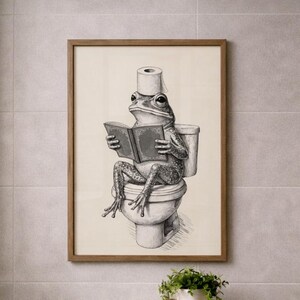 Vintage Frog Ink Illustration / Whimsical Bathroom Wall Art Print / Black and white ink / Etching style / Storybook (Digital Download)