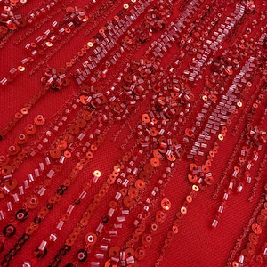 Könnte beinhalten: Nahaufnahme eines roten Stoffes, der mit Pailletten und Perlen verziert ist. Der Stoff hat einen tiefroten Farbton und weist Reihen von Pailletten und Perlen auf, die ein strukturiertes Muster bilden. Die Pailletten sind rund und glänzend, die Perlen klein und rechteckig.