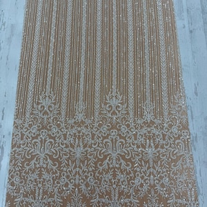 Può includere: Un pannello di tessuto color carne trasparente con intricati ricami e paillettes argentate. Il design presenta motivi a righe verticali nella parte superiore che sfumano in un bordo denso e ornato di fiori e volute sul fondo.