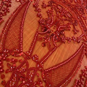 Rubinröd pärlspets, lyxigt kristallpaljettbroderi för förlovningsbalklänningar
