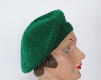 Hand Knit Jaunty Beret 1930s Style Emerald Green Shetland Wool