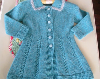 Hand Knit Girls Sweater Coat Long Swing Style Size 4T to 6T