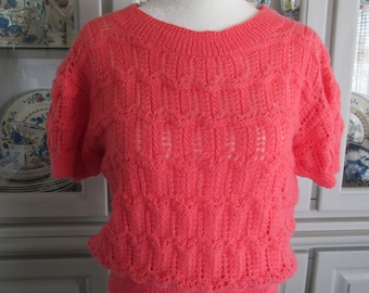 Hand Knit Women's Pullover Sweater Jumper 1930s Style Pure Wool Coral M