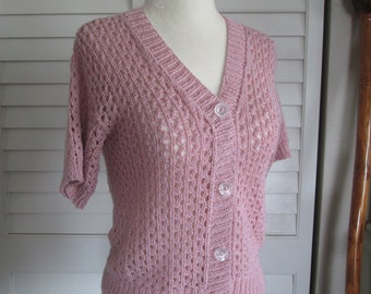 Hand Knit Sweater Cardigan Summer Short Sleeve Wool/CottonWomen Small