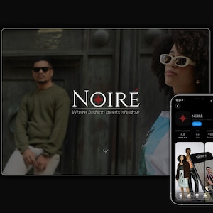 May include: A digital display and a smartphone showcasing the "NOIRE" fashion brand. The display features a person in sunglasses and the brand's logo with the tagline "Where fashion meets shadow." The smartphone displays the app's interface.