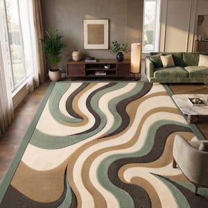 Modern vloerkleed met golvend patroon – Geometrisch tapijt met 3D-uitsnijding in aardetinten voor woonkamer, slaapkamer, etc.