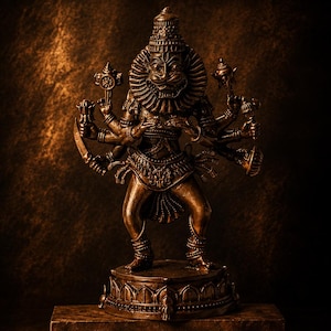 Puede incluir: Una estatua de tono bronce de la deidad Narasimha con cabeza de león y cuerpo humano, con múltiples brazos que sostienen varios objetos simbólicos. La figura se alza sobre una base circular en forma de loto sobre un bloque rectangular.
