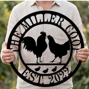 May include: Black metal family sign featuring a rooster and hen facing each other, with three chicks below. The sign is circular, with the text "THE MILLER CO." at the top and "EST. 2022" at the bottom.