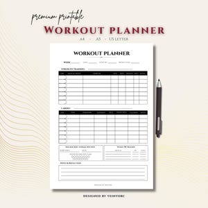 May include: A printable workout planner sheet with black text on a white background. It includes sections for strength training, cardio, daily averages, and a weekly PR tracker. A black pen is positioned to the right of the planner page.