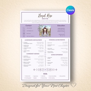 Op de afbeelding: Een cv-sjabloon getiteld Nazel Rose met een lichtpaarse koptekst met contact- en opleidingsgegevens, een centrale illustratie van een persoon in een hoodie, en secties voor leiderschap, onderscheidingen, vrijwilligerswerk en vaardigheden.