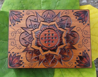 Lotus Blossom on ATC Sized Cherry Wood Block Pyrography Wood Burning