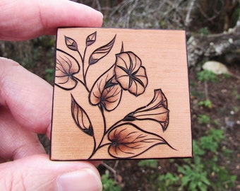 Morning Glories on Swiss Pear Wood Pyrography Woodburning