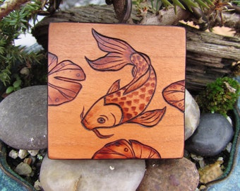 Koi Fish on Cherry Wood Tile Pyrography Woodburning