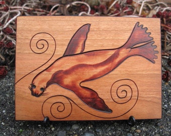 Sea Lion on ATC sized Cherry Wood Tile Pyrography Wood Burning