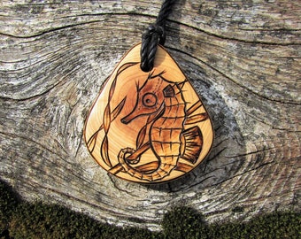Seahorse with Seaweed on Juniper Wood Pendant Pyrography Black Cotton Cord Lobsterclaw Clasp